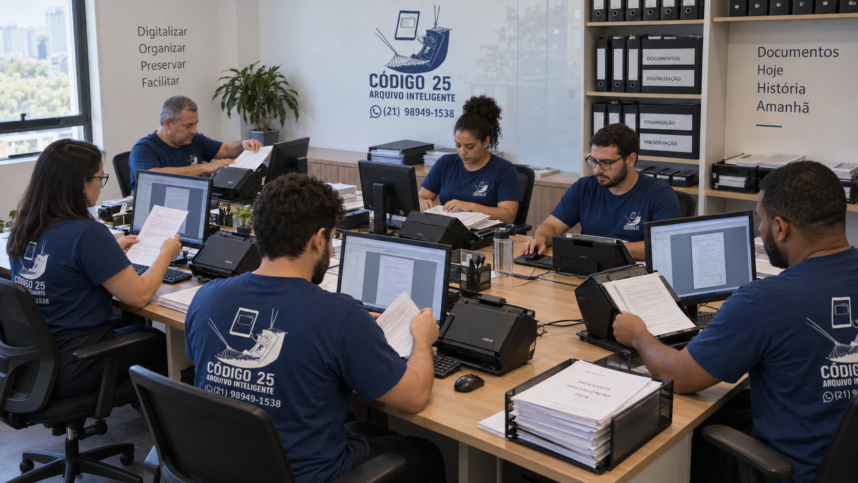 Imagem ilustrativa de digitalização e organização de documentos com a marca Código 25 Arquivo Inteligente